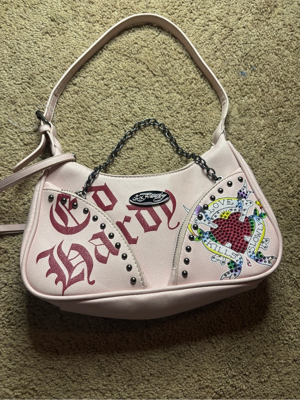 Ed Hardy Light Pink Shoulder Bag with Red Logo and Multicolor Heart Patch